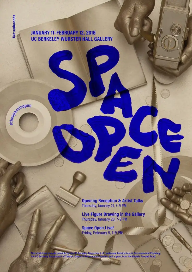 Space Open exhibition poster with blue hand lettering